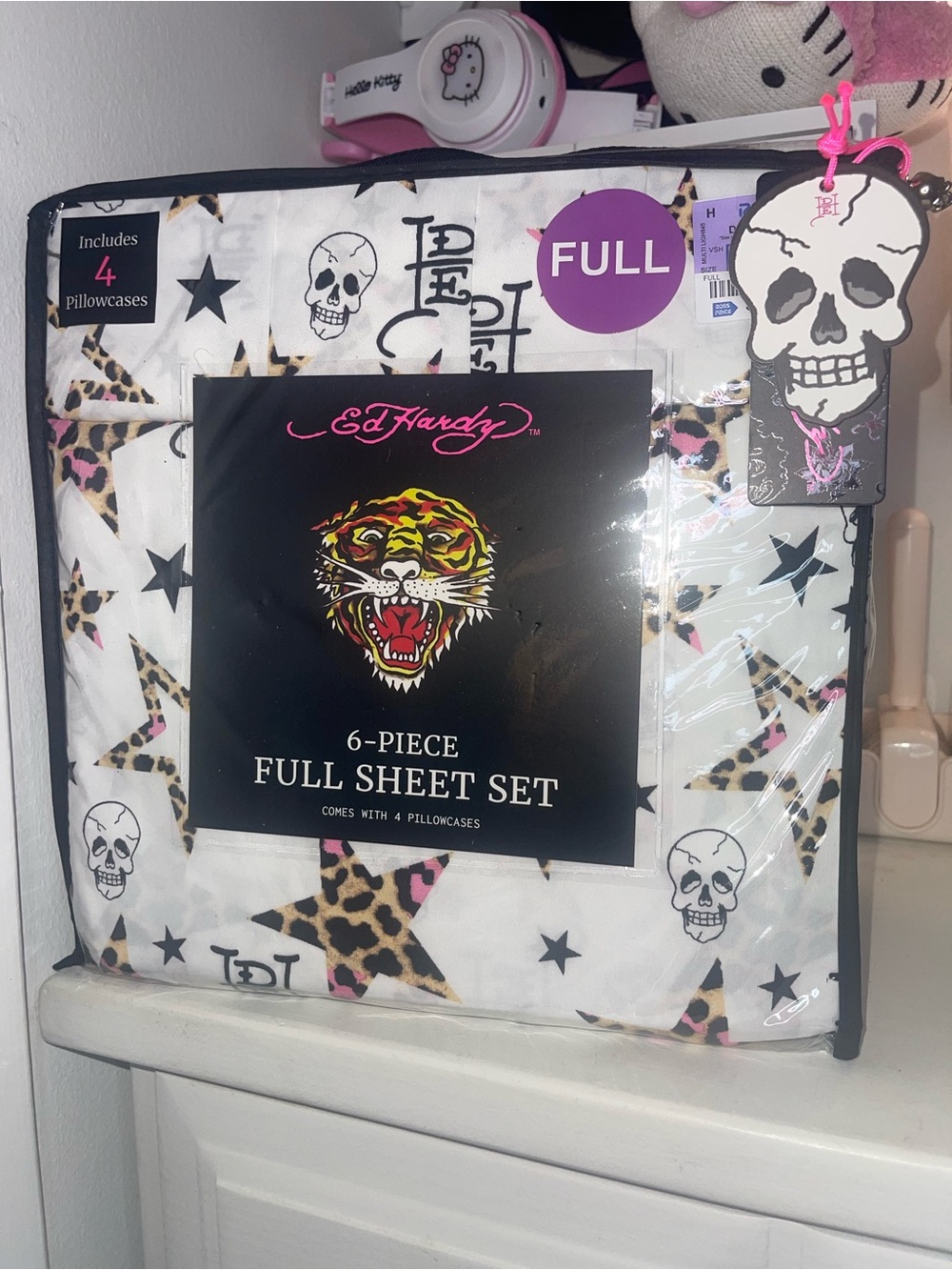 NWT Ed Hardy Full Sheet Set - White with Leopard Star & Black Skull Accents
